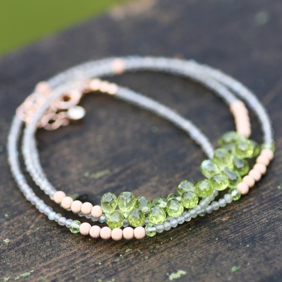 14k Rose Gold Filled Labradorite Peridot Wrap Bracelet Convertible Necklace - Picture 11 of 11